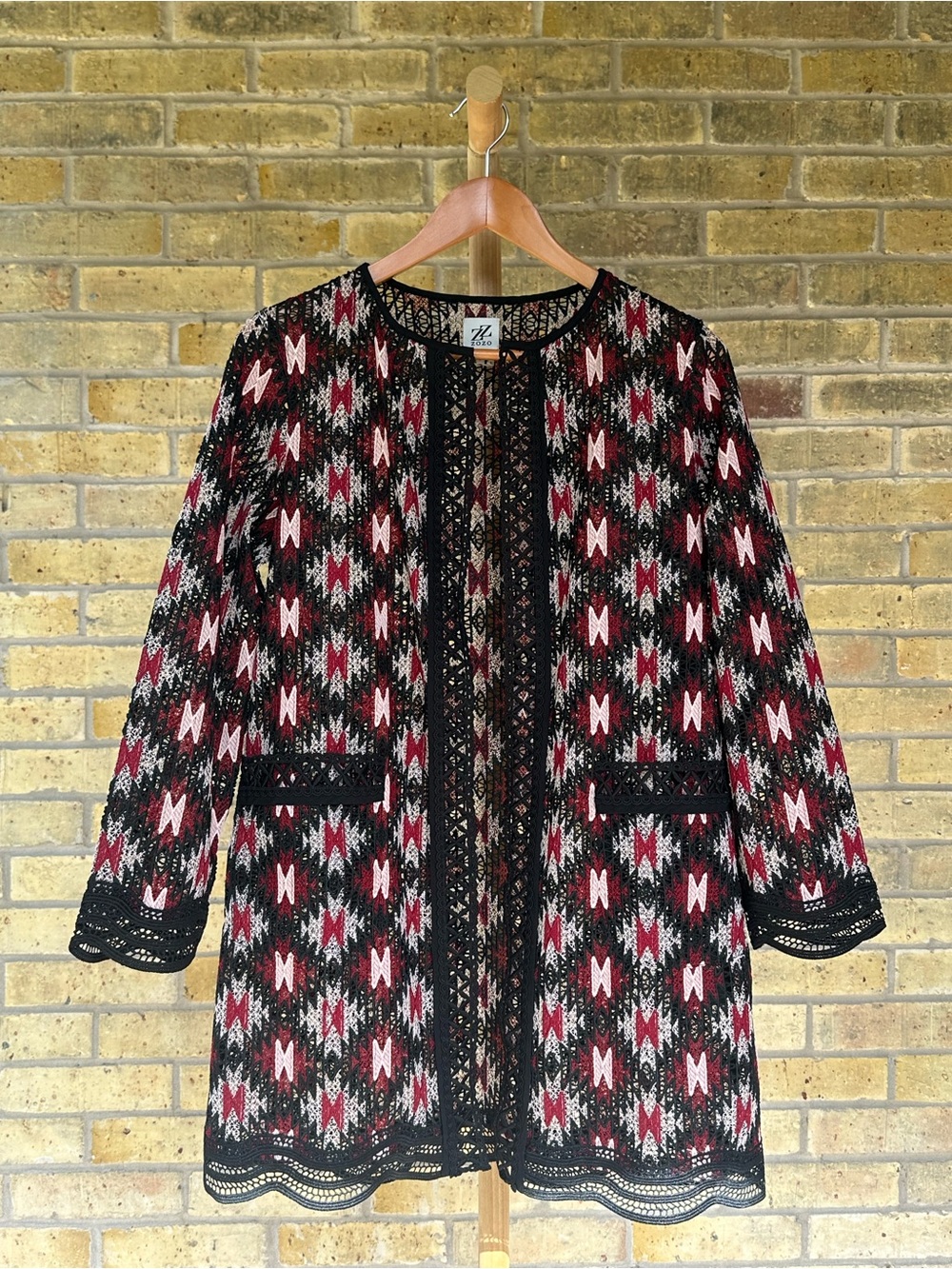 ZOZO NWT Statement Embroidered Jacket Geometric Print Boho Black Burgundy S